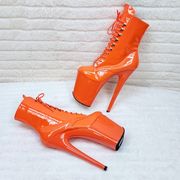 Flamingo Bright Orange Patent Towering 8" High Heel Platform Ankle Boots - Picture 9 of 11